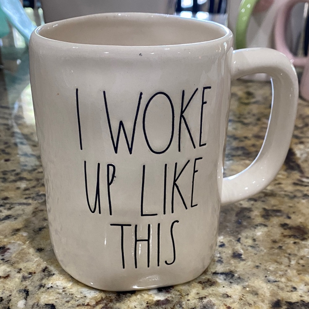 Rae Dunn Cream Mug with Black Text
